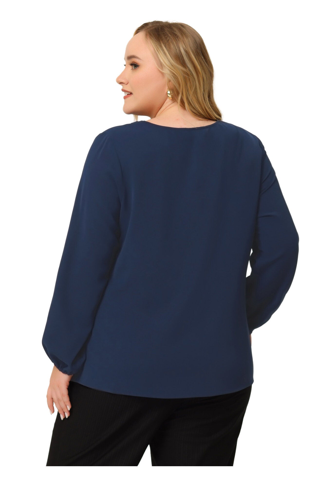 V Neck Long Sleeve Ruffle Tie Front Office Work Chiffon Blouse Top, Dark Blue / Navy, alternate image number 3