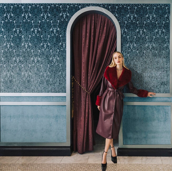 Faux Fur Collar & Leather Wrap Coat, Burgundy / Burgundy, alternate image number 1
