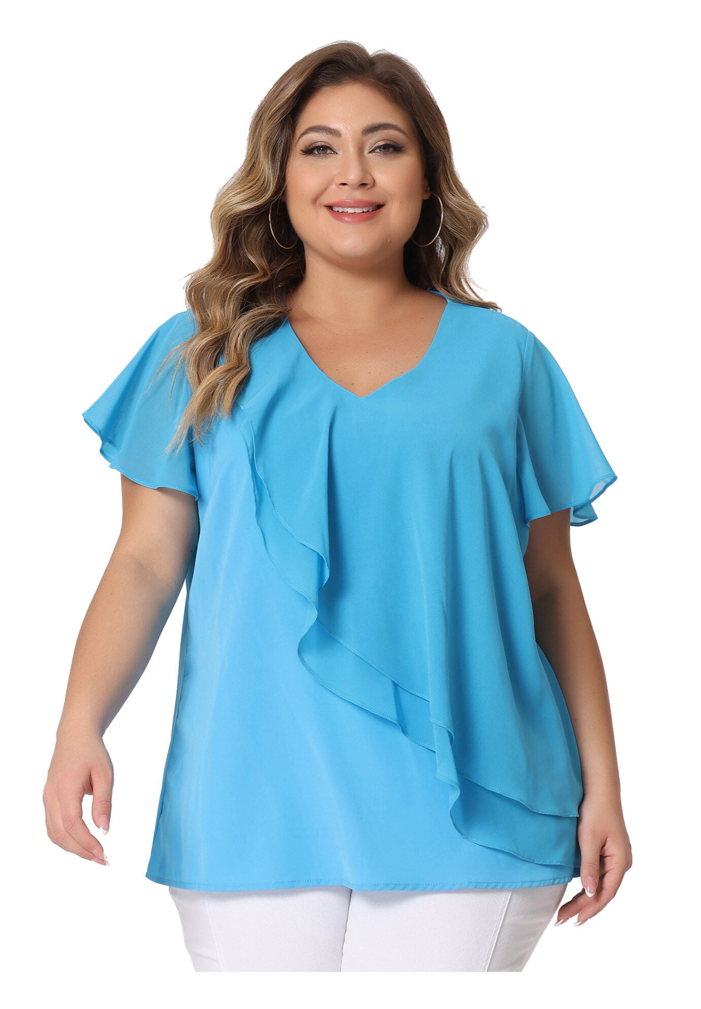 Flutter Sleeves Blouse V Neck Layer Chiffon Ruffle Top, Blue / Azure Blue, alternate image number 2