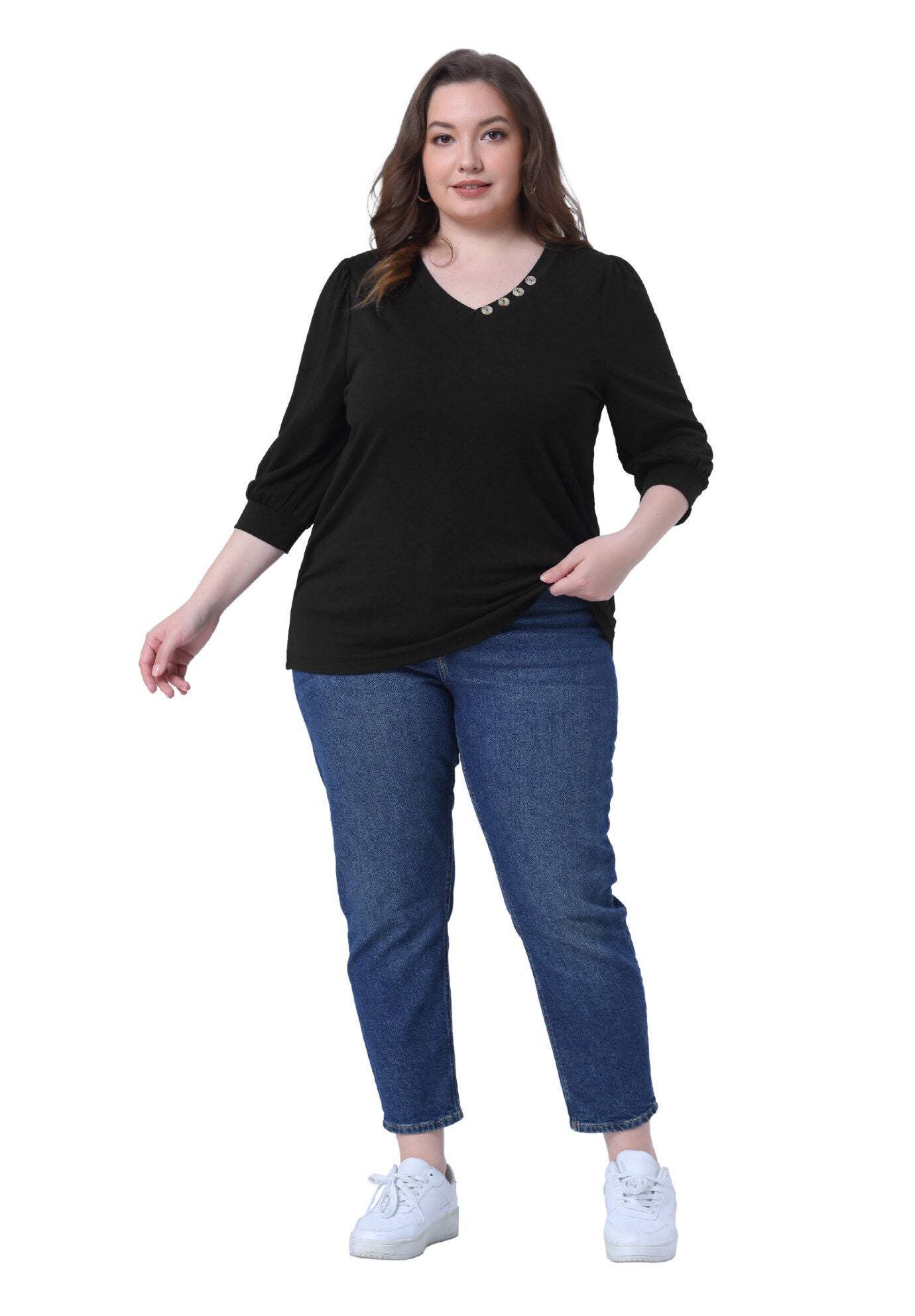 3/4 Sleeve V Neck Button Decor Blouse Shirt, Black / Black, hi-res image number 0