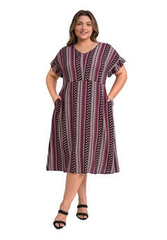 Boho Floral Stripe V Neck Ruffle Sleeve Flowy Midi Dress with Pockets