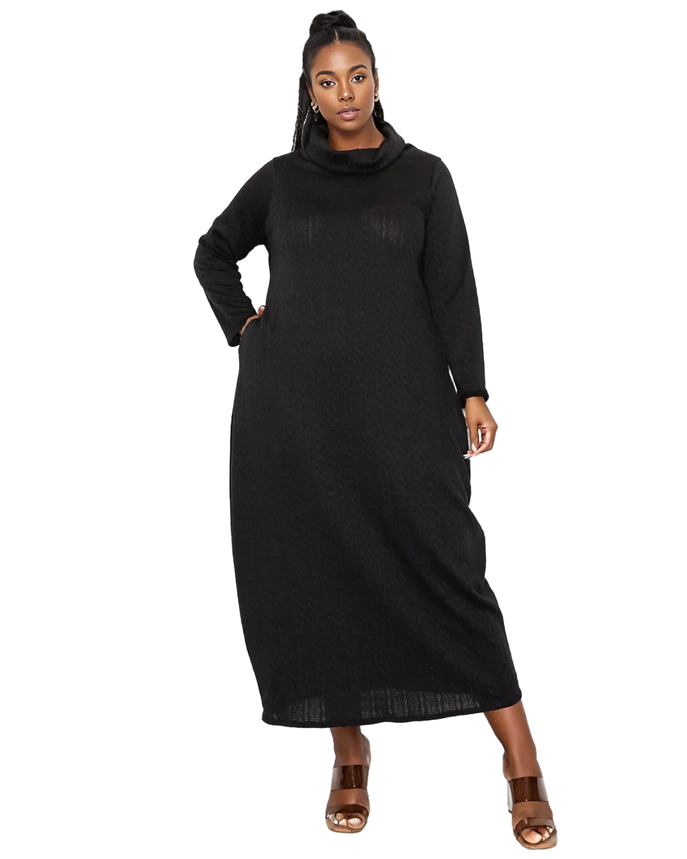 LANA COWL TURTLE NECK POCKET SWEATER DRESS, Black / Black, hi-res image number 0