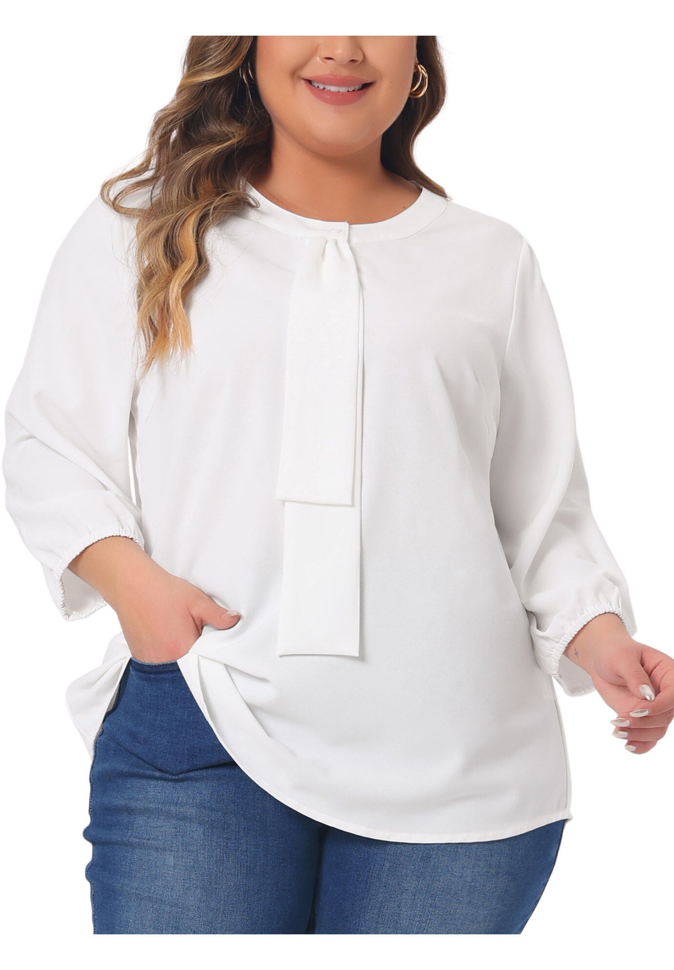 3/4 Sleeve Work Office Tie Front Ruffle Chiffon Blouse Top, White / White, alternate image number 2