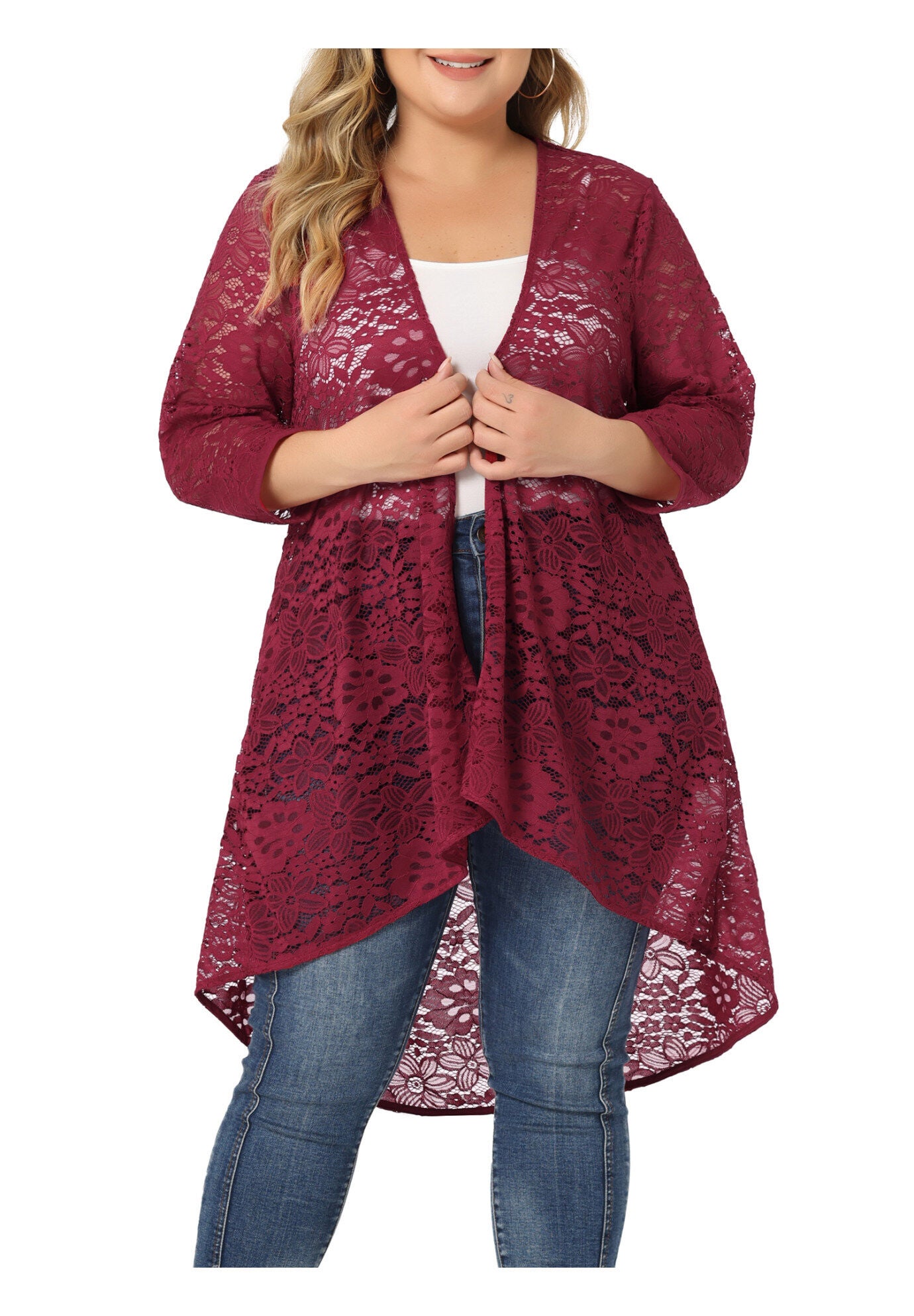 LIGHTWEIGHT 3/4 SLEEVE OPEN FRONT CROCHET LACE COVER UP, Burgundy / Red, alternate image number 3