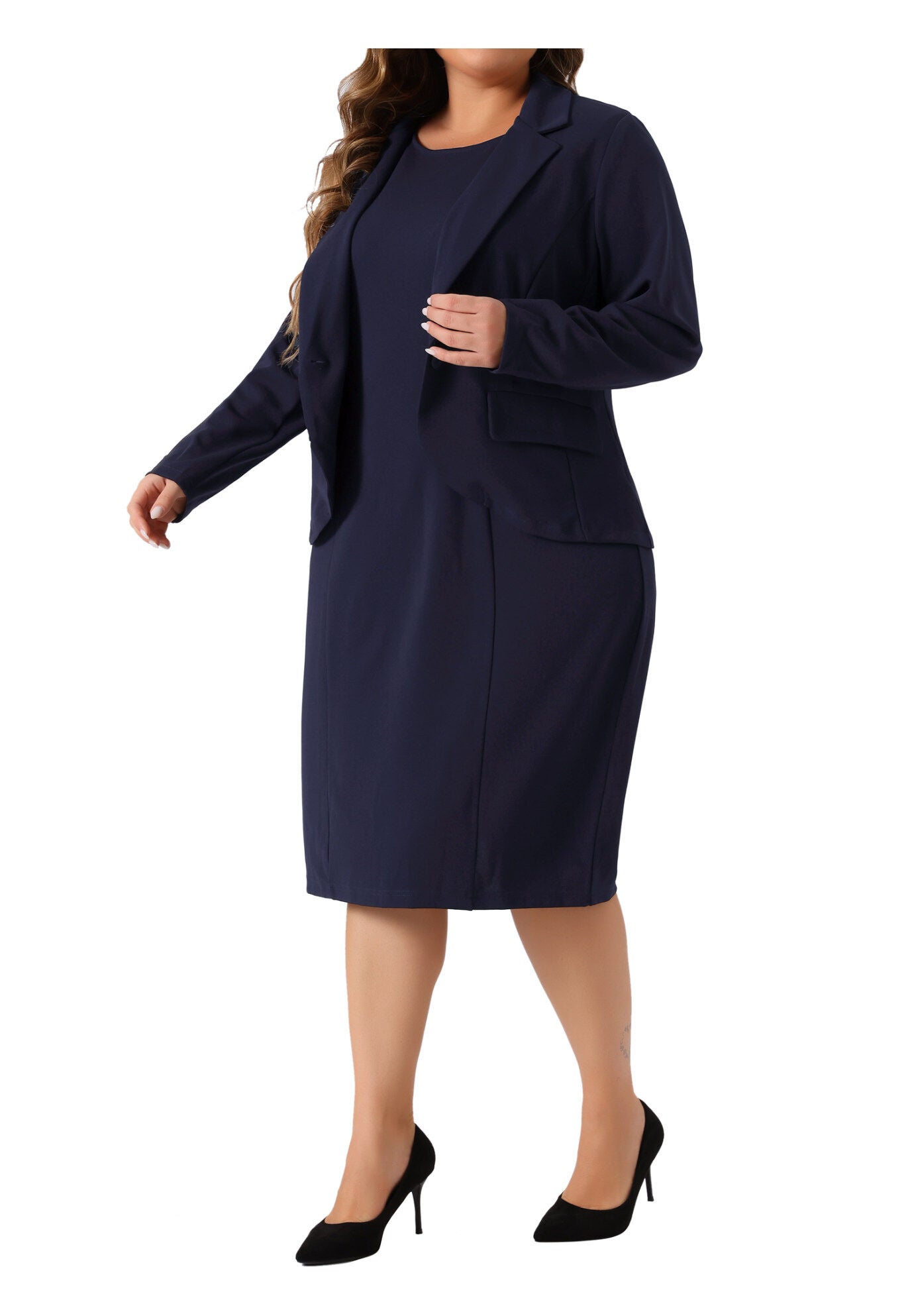 TWO PIECE BLAZER JACKET AND SLEEVELESS DRESS SUIT SET, Navy Blue / Navy, alternate image number 2