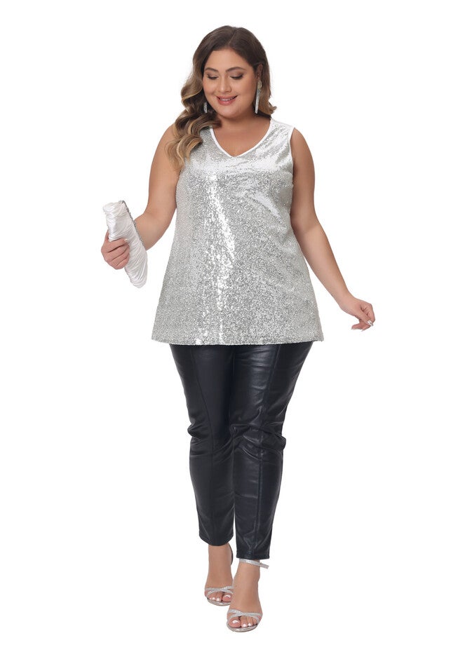 Sleeveless Glitter Sequin Vest Tank Top, Silver / Silver, hi-res image number null