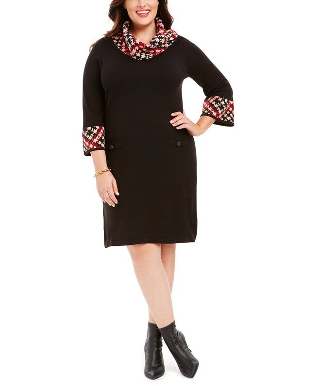Jessica Howard Women's Plus Size Plaid Cowlneck Sweater Dress Charcoal Size 1X, Gray / Charcoal Grey, hi-res image number null