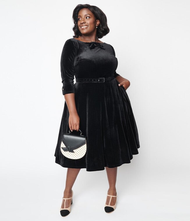 Unique Vintage Black Velvet Faux Bow Devon Swing Dress, Black / Black, alternate image number 1