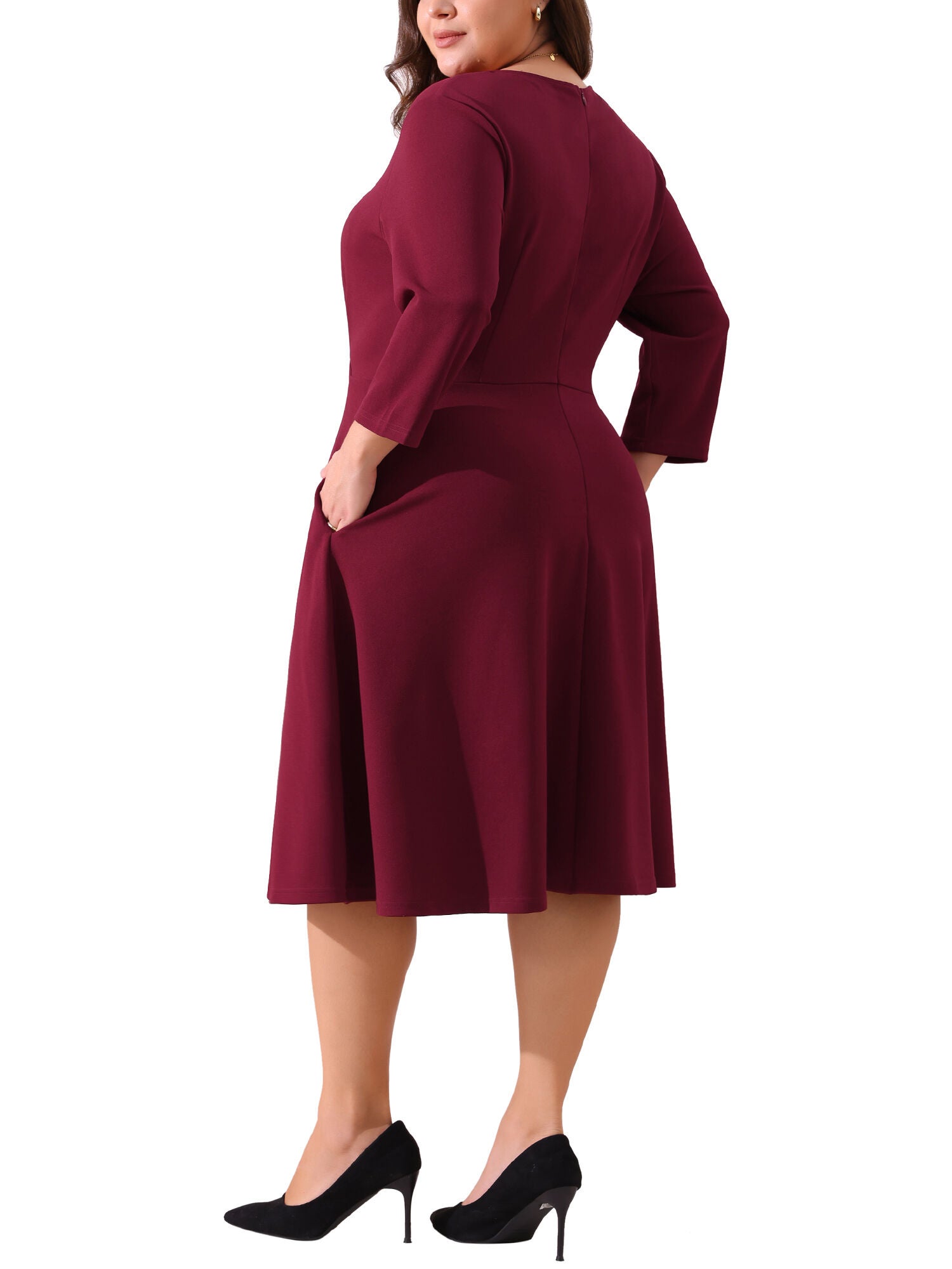 Notched V Neck 3/4 Sleeve A-Line Midi Dress, Burgundy / Burgundy, alternate image number 3