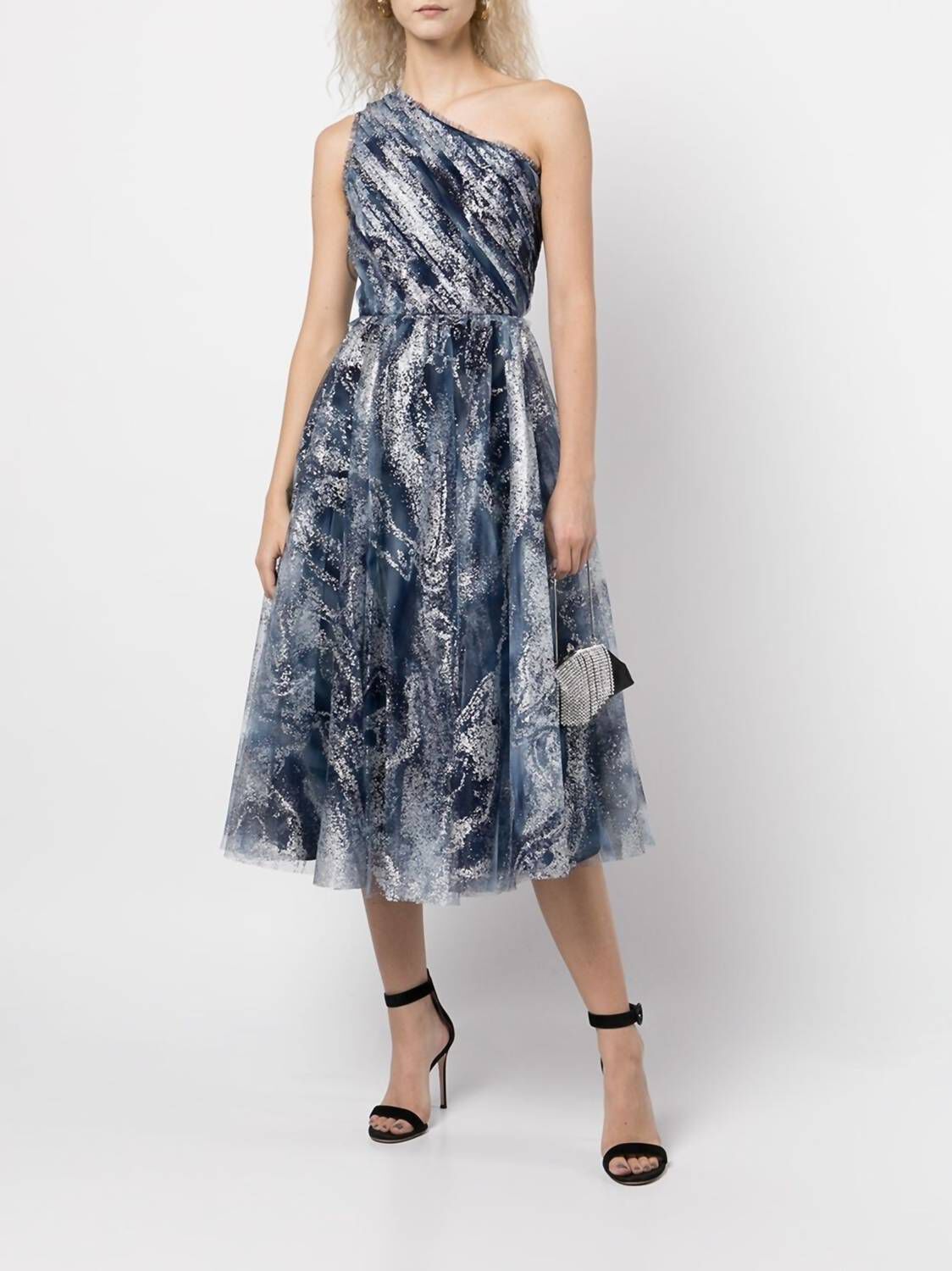 ONE-SHOULDER TULLE TEA-LENGTH GOWN IN NAVY, Navy / Navy, hi-res image number 0