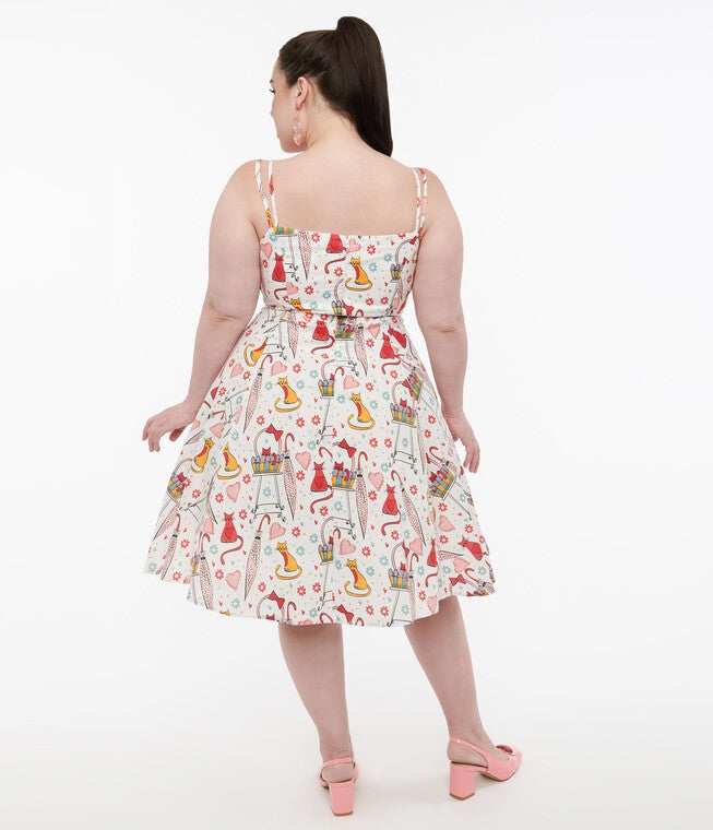 Unique Vintage 1950s Red & Yellow Cat Print Cotton Bobbie Swing Dress, Cat Print / White, alternate image number 2