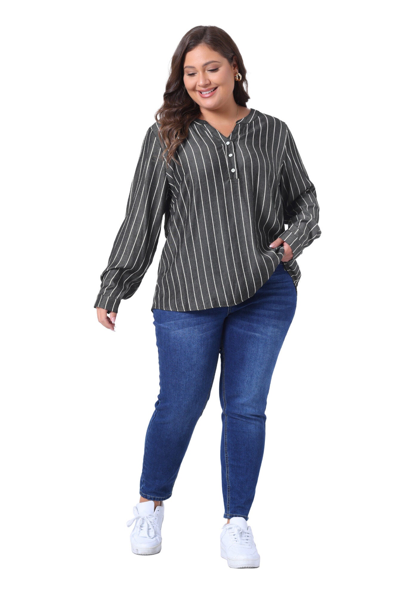 Long Sleeve Button Down Shirt Top, Black / Black, hi-res image number 0