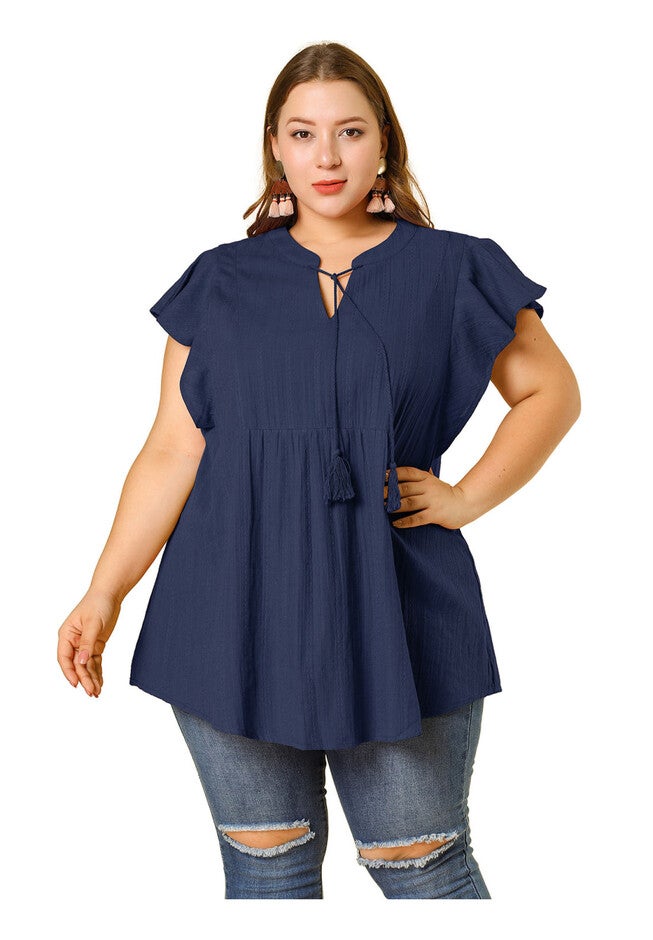 V NECK TASSEL SELF TIE FLUTTER BLOUSE, Navy Blue / Navy, alternate image number 2