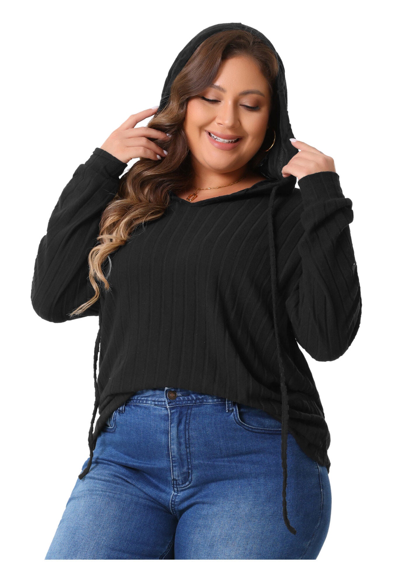 Pullover Lightweight Drawstring Sweatshirt Hoodie, Black / Black, alternate image number 2