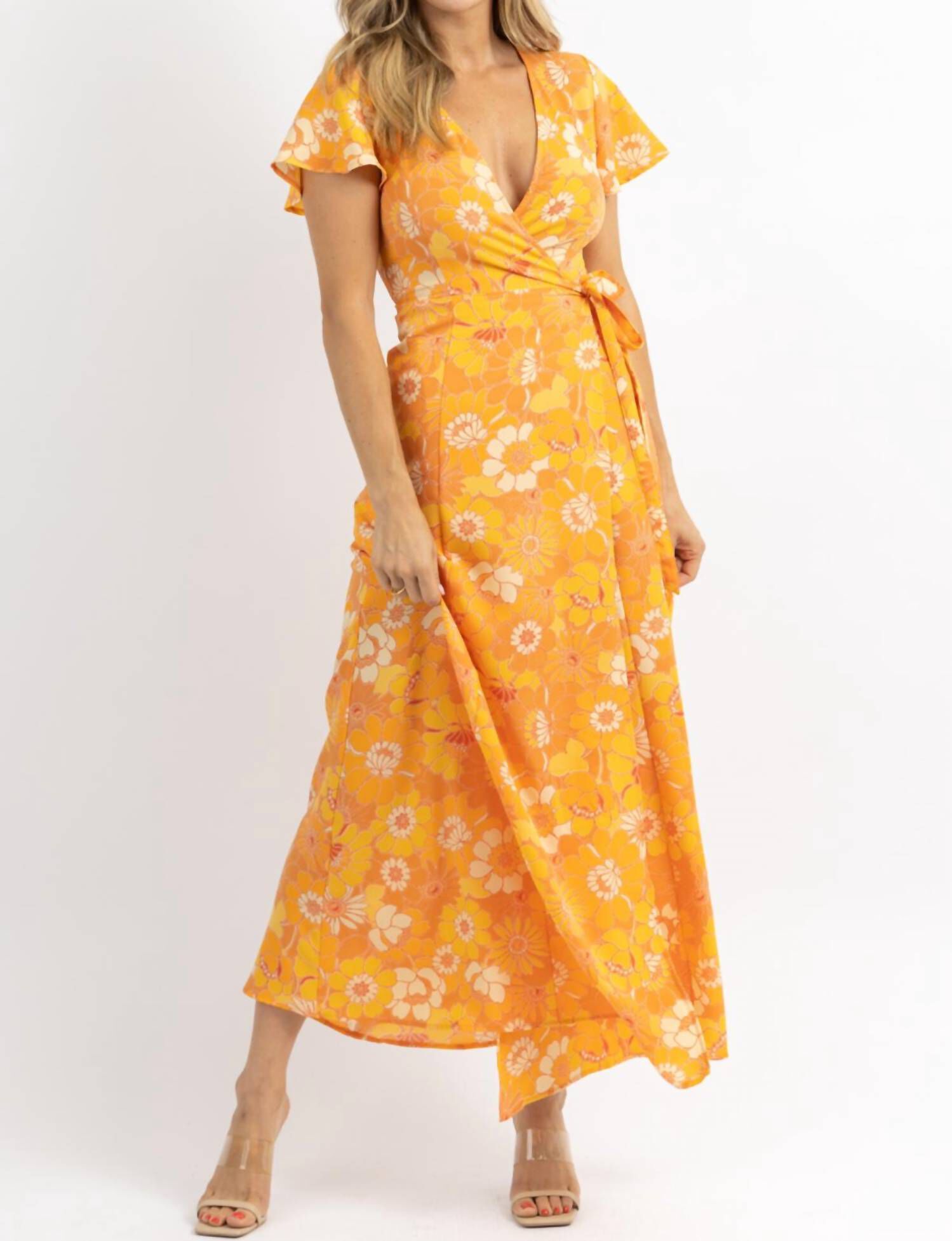 HONEY RUST WRAP MAXI DRESS IN YELLOW, , alternate image number 8