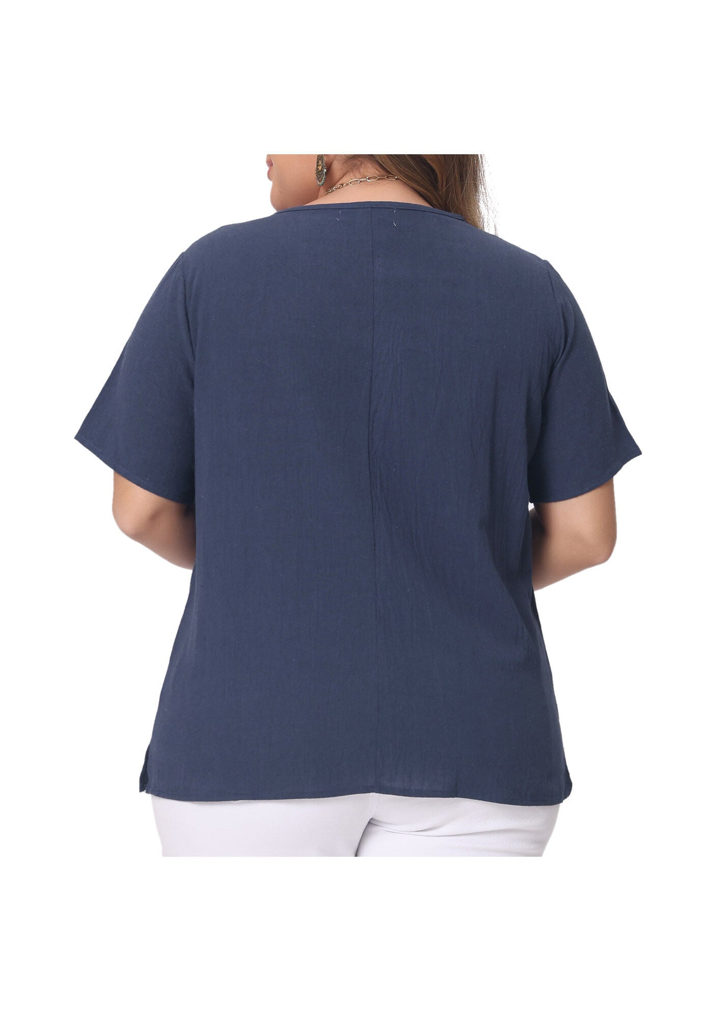 Short Sleeve Round Neck Cotton Linen T-Shirt Top, Navy Blue / Navy, alternate image number 3