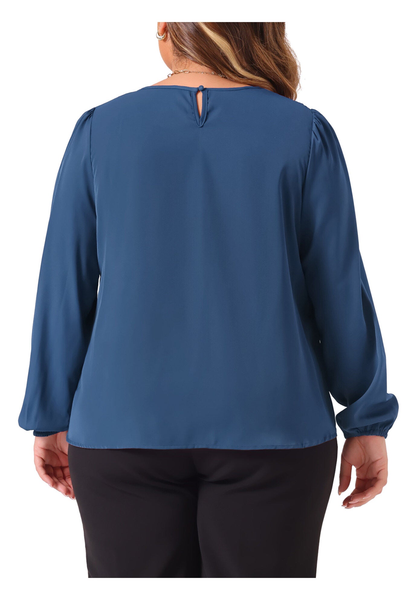 Crew Neck Pleated Work Office Long Sleeve Blouse, Blue / Dusty Blue, alternate image number 3