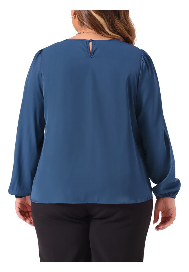Crew Neck Pleated Work Office Long Sleeve Blouse, Blue / Dusty Blue, alternate image number 3