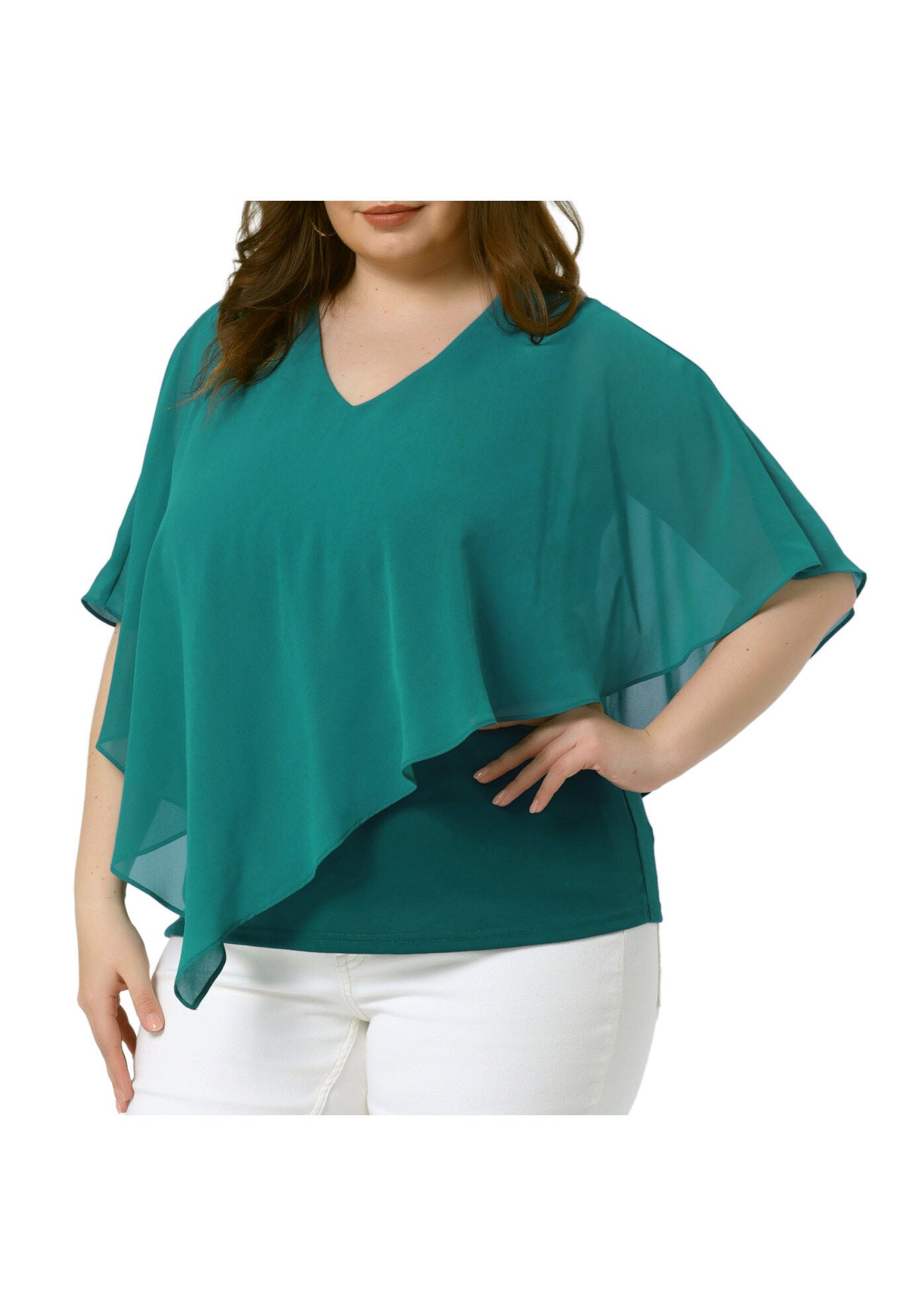 V Neck Flowy Shirt Double Layered Chiffon Top, Lake Green / Turquoise, alternate image number 1