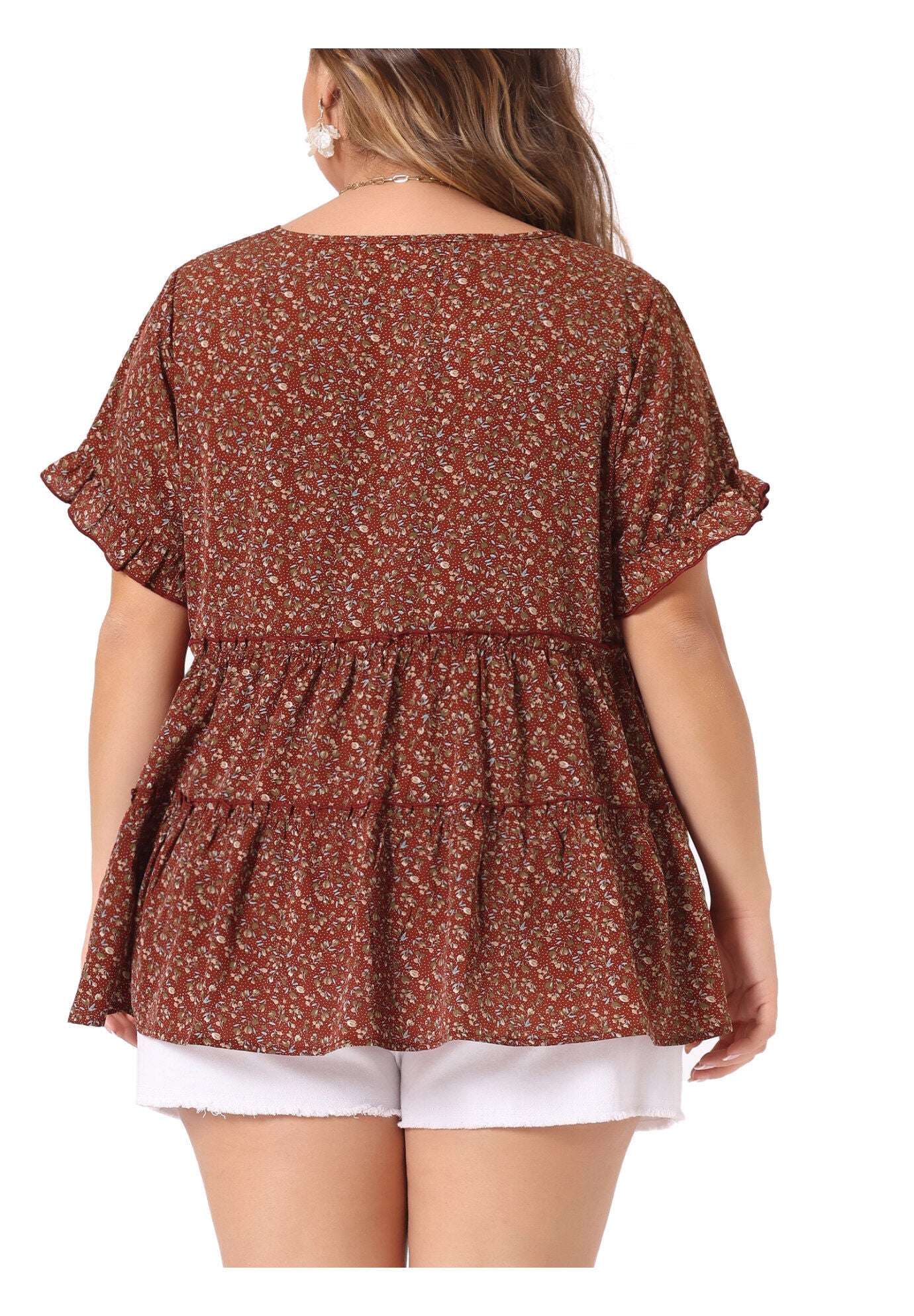 Floral Print V Neck Ruffles Sleeve Tiered Babydoll Blouse, Red / Red, alternate image number 3