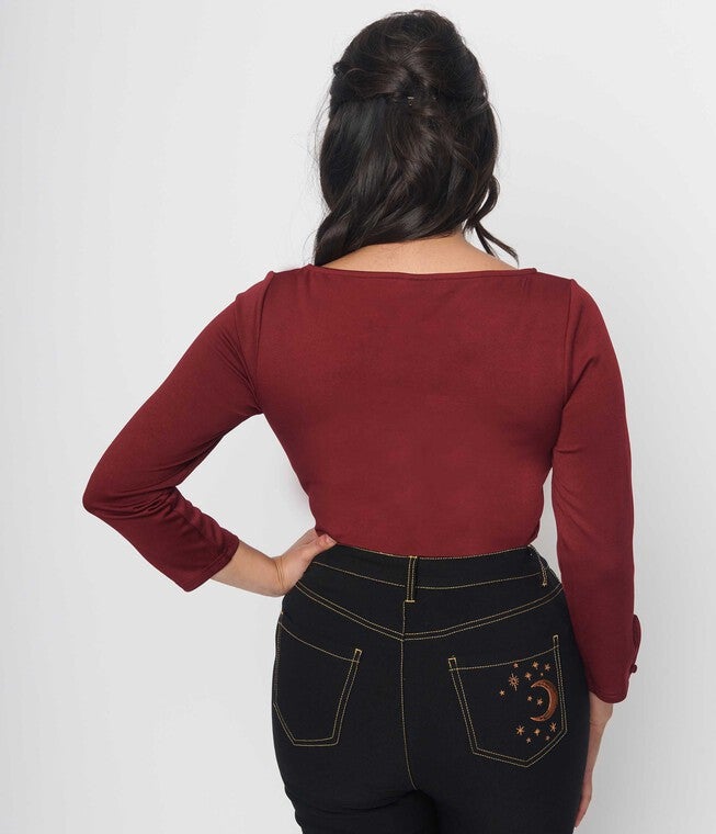 Unique Vintage Burgundy & Bat Cutout Gracie Top, Burgundy / Burgundy, alternate image number 2