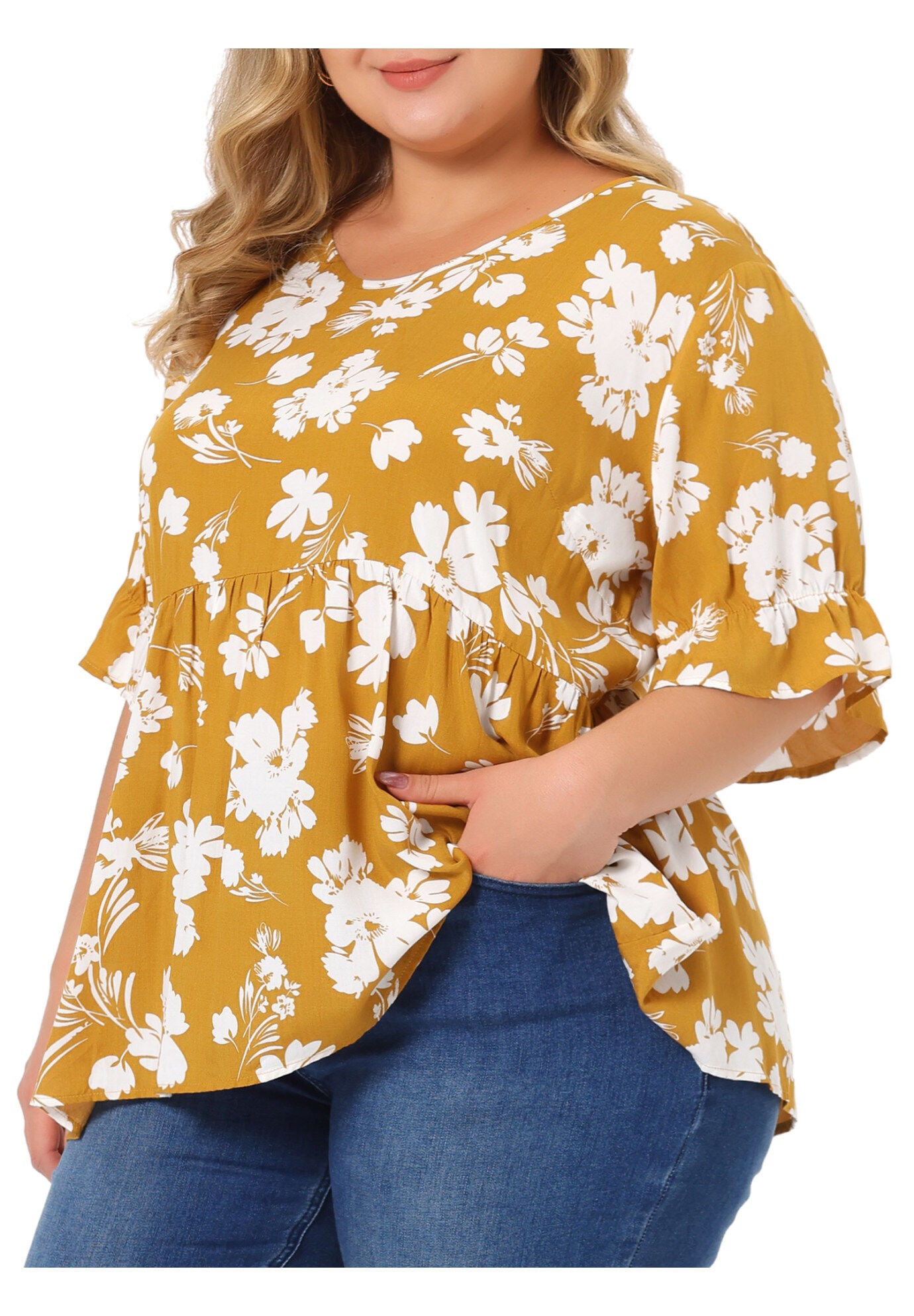 Floral Peplum Top V Neck Ruffle Short Sleeve Babydoll Blouse, Yellow / Yellow, alternate image number 1