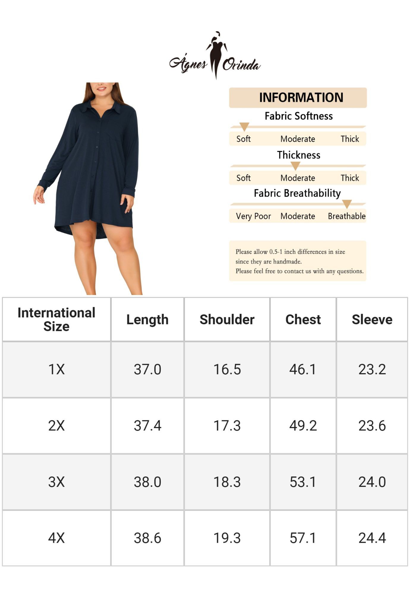 Long Sleeve Button Down Nightshirt V-Neck Sleepwear, Navy Blue / Navy, alternate image number 4