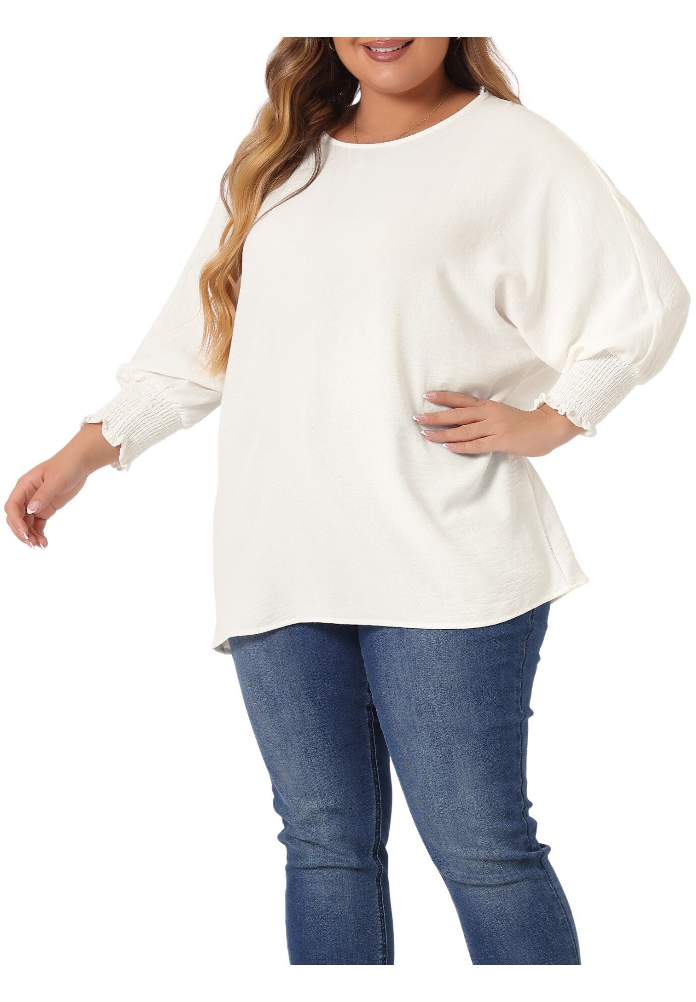 Chiffon Top Batwing Ruffle Long Sleeve Loose T-Shirt Blouse, White / White, alternate image number 2