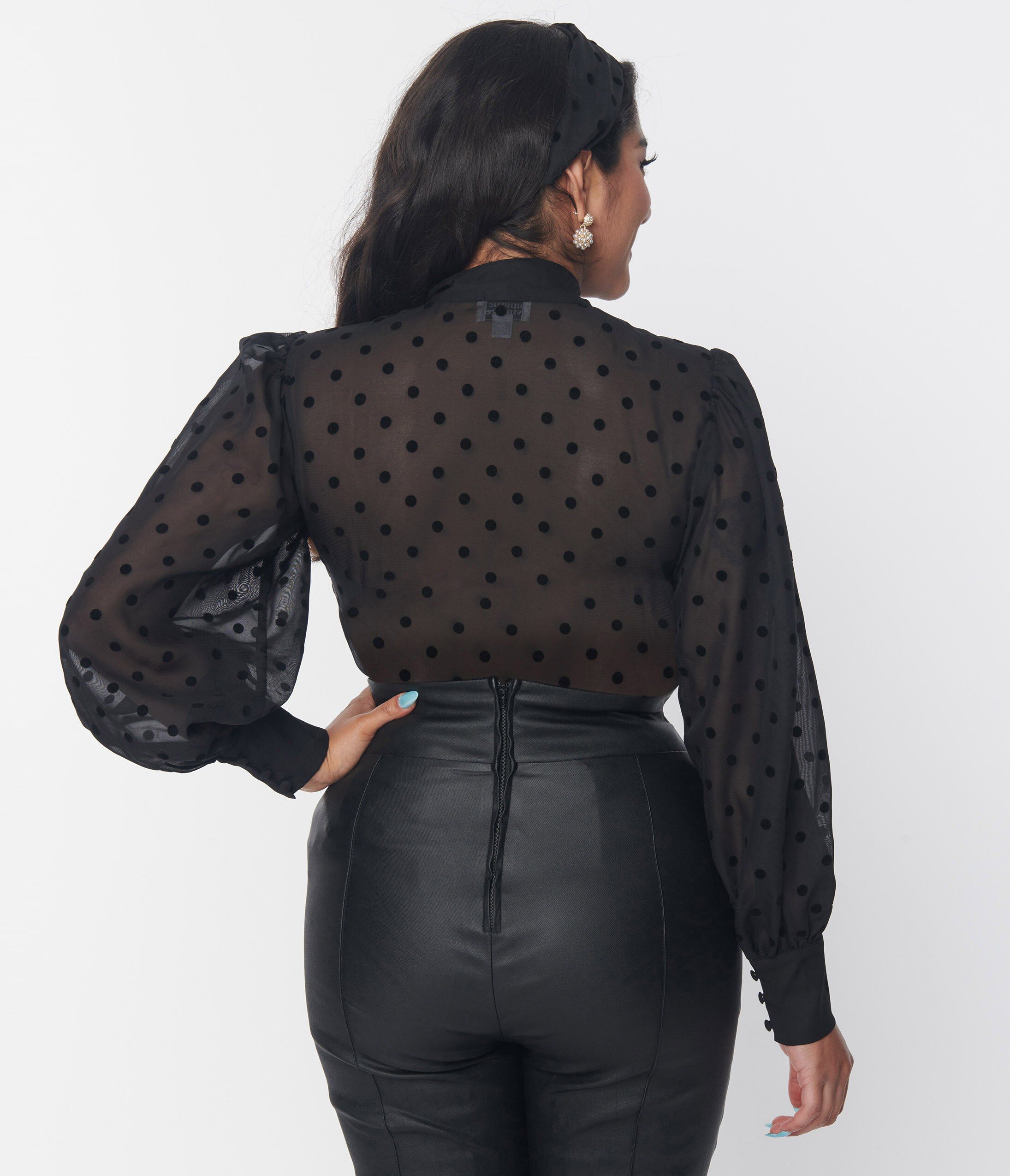 Unique Vintage Black Flocked Polka Dot Tie Neck Gwen Blouse, Black Polka Dot / Black, alternate image number 1