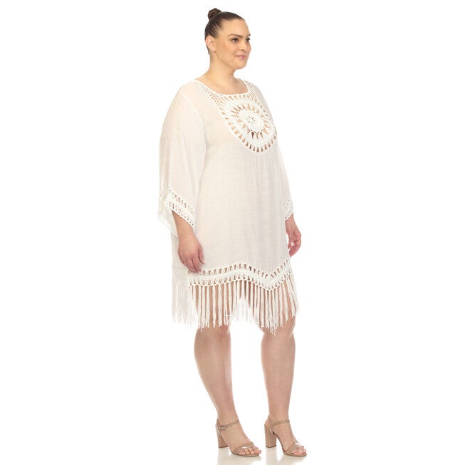 White Mark Crocheted Fringed Trim Dress Cover Up, , alternate image number null