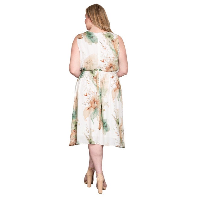 Plus Size Floral Print Faux Wrap V-Neck Midi Dress, Earth Floral / Teal, alternate image number null