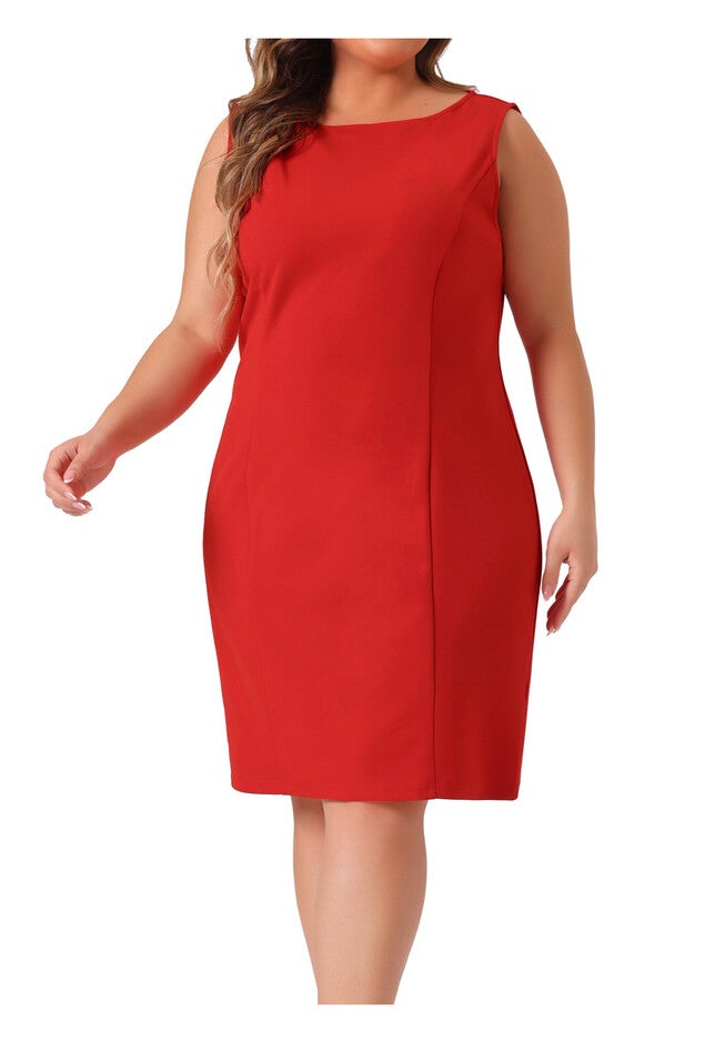 SLEEVELESS BOAT NECK STRAIGHT PENCIL SHEATH DRESS, Red / Red, alternate image number 1