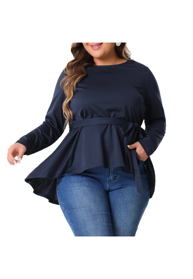 Crew Neck High Low Asymmetrical Irregular Hem Blouse T-Shirt with Belt, Navy Blue / Navy, alternate image number 2