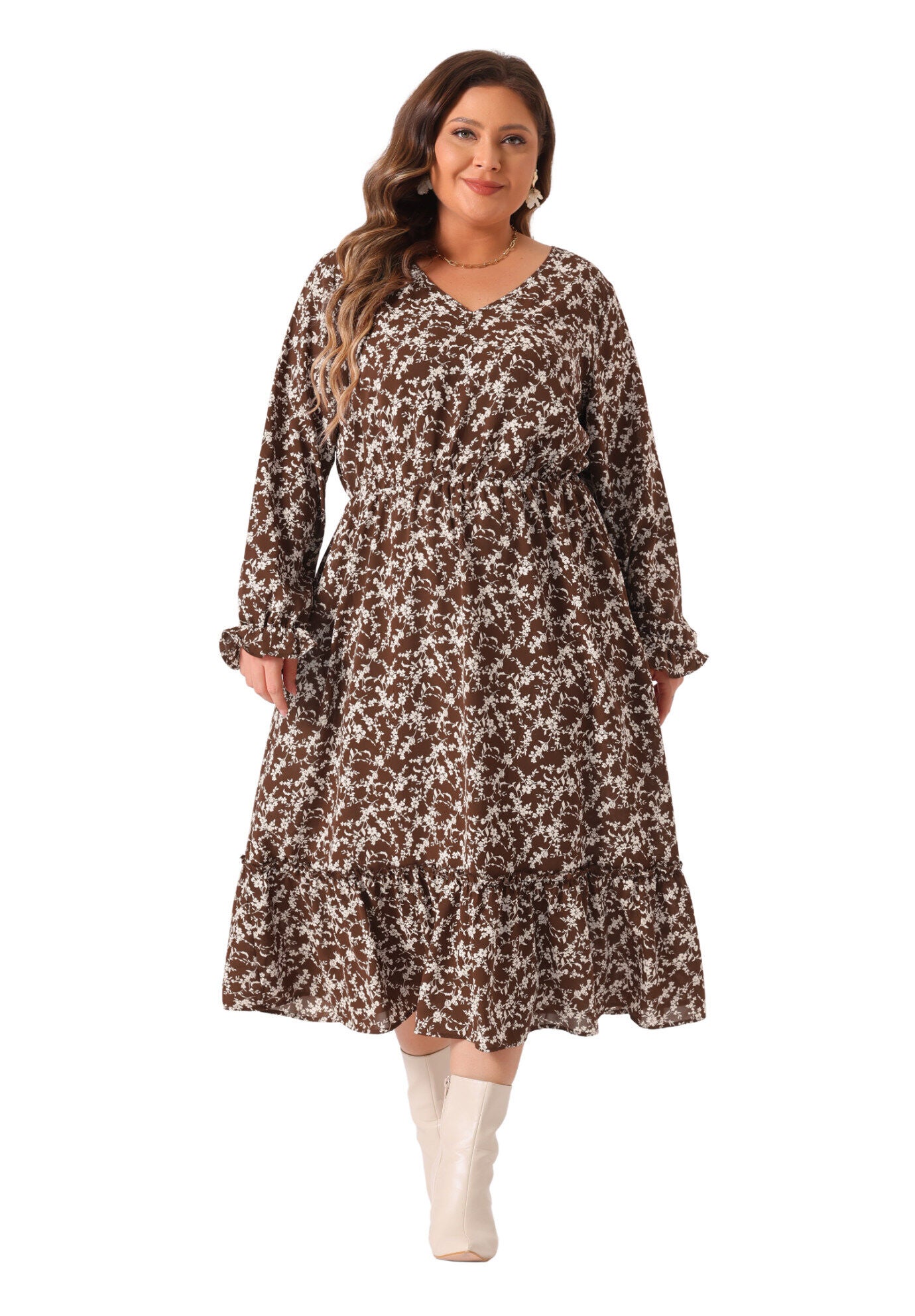 Boho Floral Print V Neck Long Sleeve Ruffle Hem Long Maxi Dress, Brown / Brown, hi-res image number 0