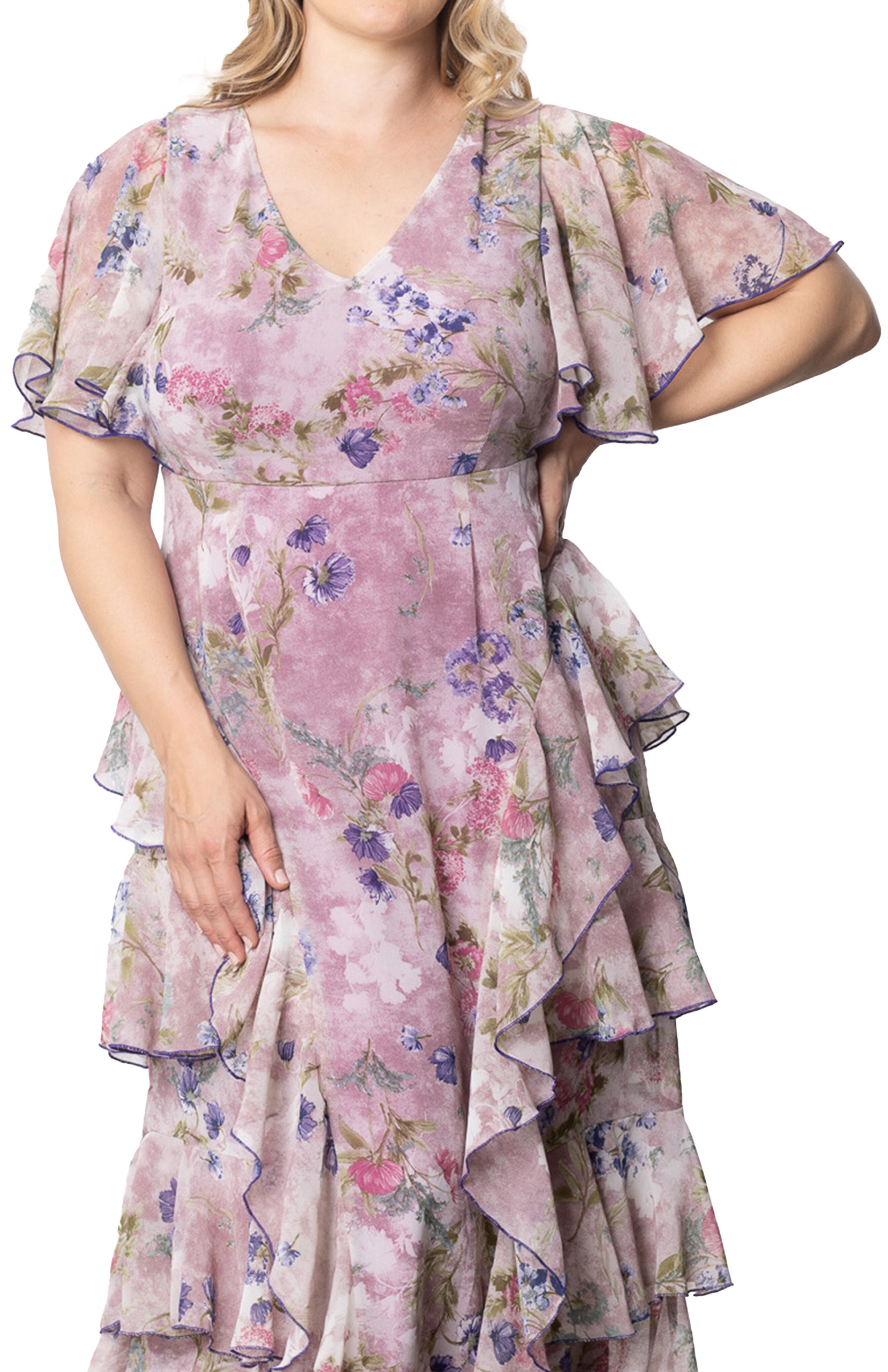 Tour de Flounce Chiffon Evening Gown, LILAC FLORAL PRINT / Lilac, alternate image number 2