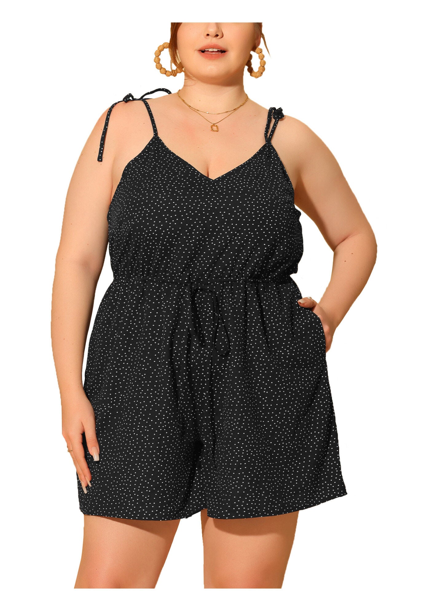 SUMMER POLKA DOTS HIGH ELASTIC WAIST CAMI ROMPER JUMPSUIT, Black / Black, alternate image number 2