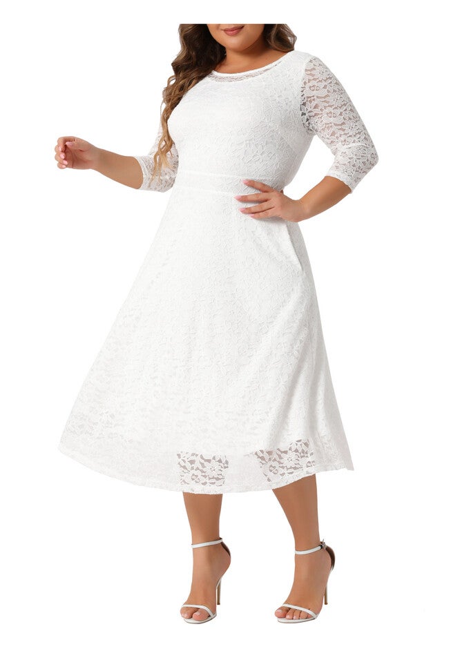 Floral Lace Scooped Neckline 3/4 Sleeves with Pocket Knit Cocktail Dress, White / White, alternate image number null