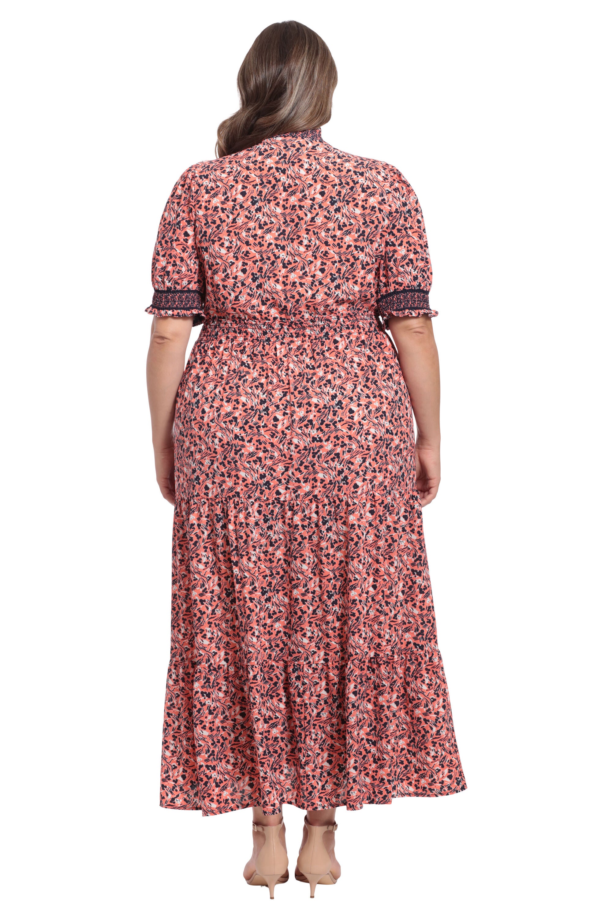 Smocked waist and puff sleeve tiered maxi dress, CoralSW / Coral, alternate image number 1