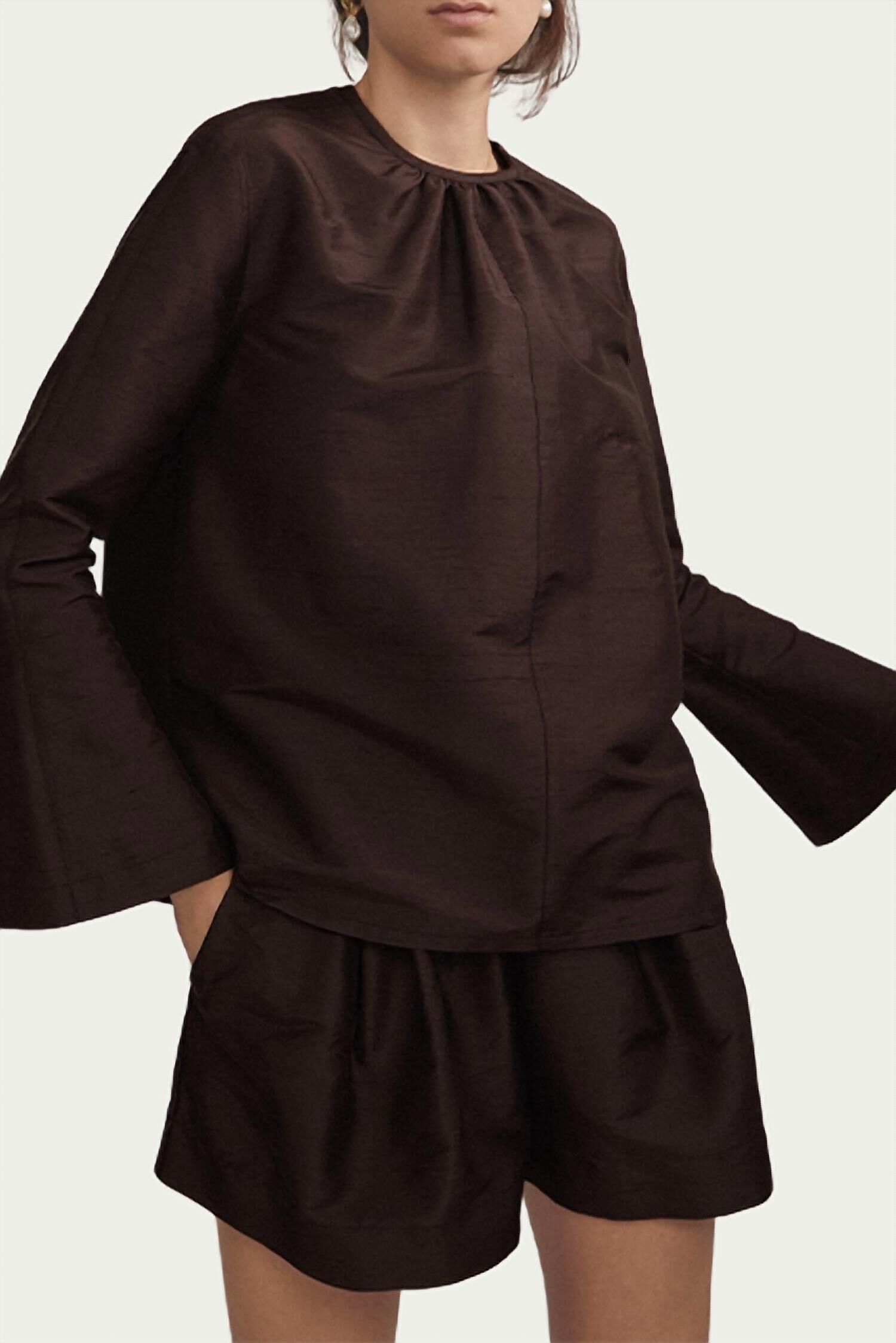 Blanche Silk Dupion Shorts In Coffee, , alternate image number 3