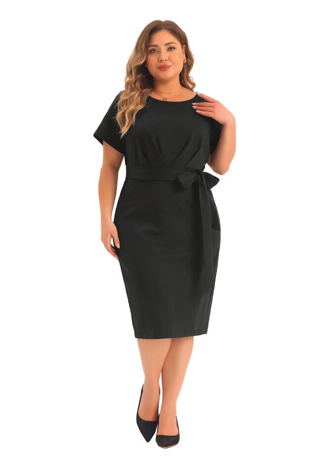 Round Neck Short Sleeve Belted Knot Tie Midi Dress, Black / Black, hi-res image number 0
