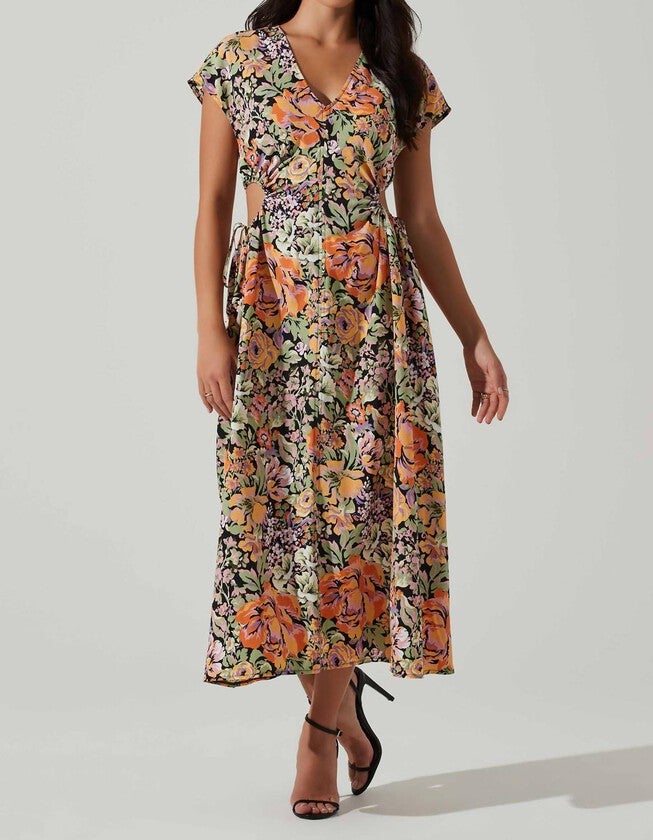 MIRANDA DRESS IN ORANGE BLACK FLORAL, Orange Black Floral / Orange, hi-res image number 0