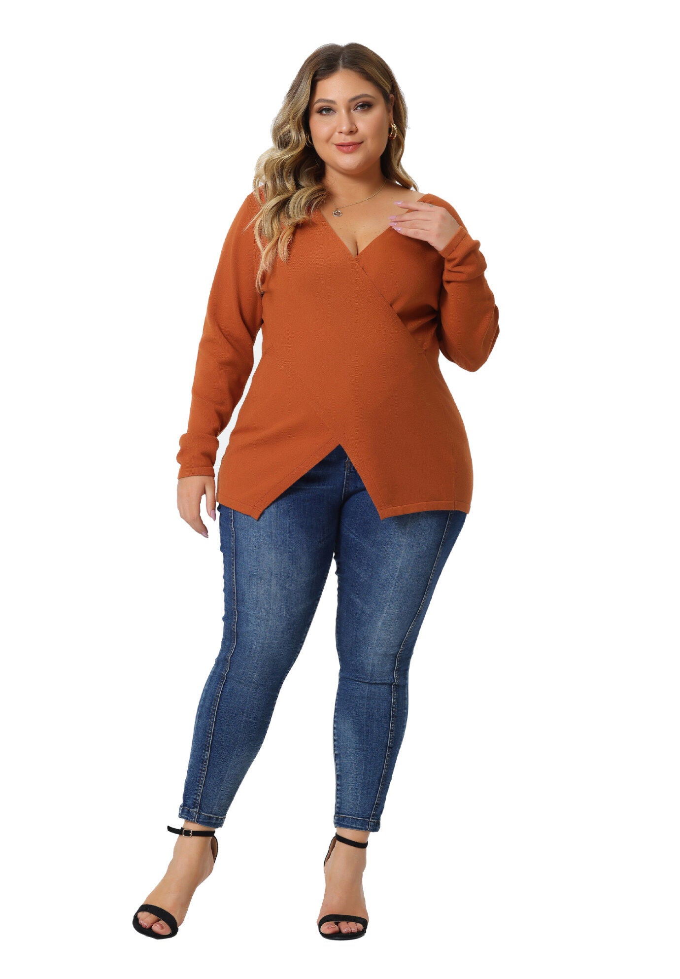 Wrap V Neck Criss Cross Asymmetrical Knit Top, Orange / Orange, hi-res image number 0