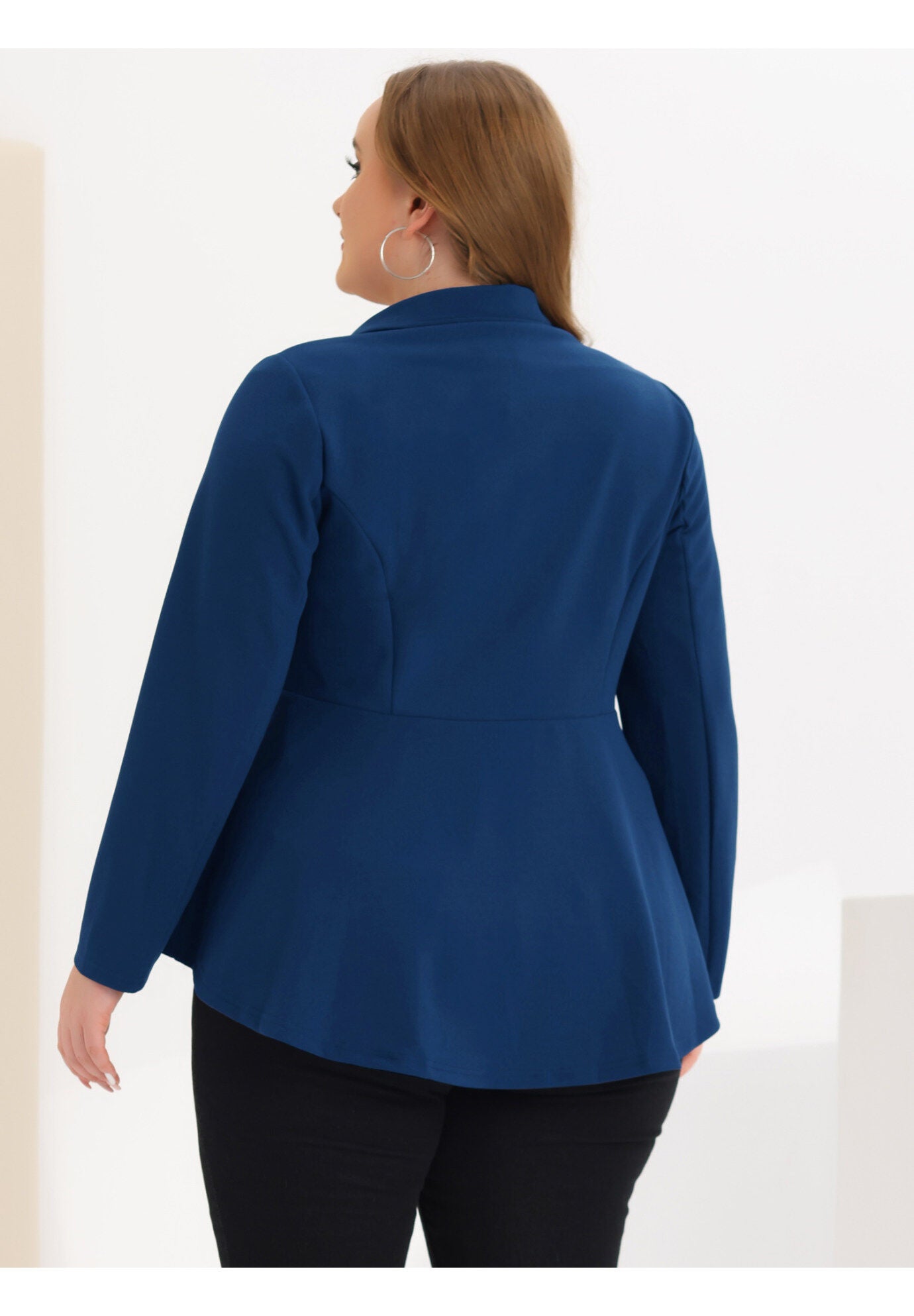 RUFFLE V NECK BUTTON NOTCH PANEL PEPLUM BLAZER, Roral Blue / Royal Blue, alternate image number 3