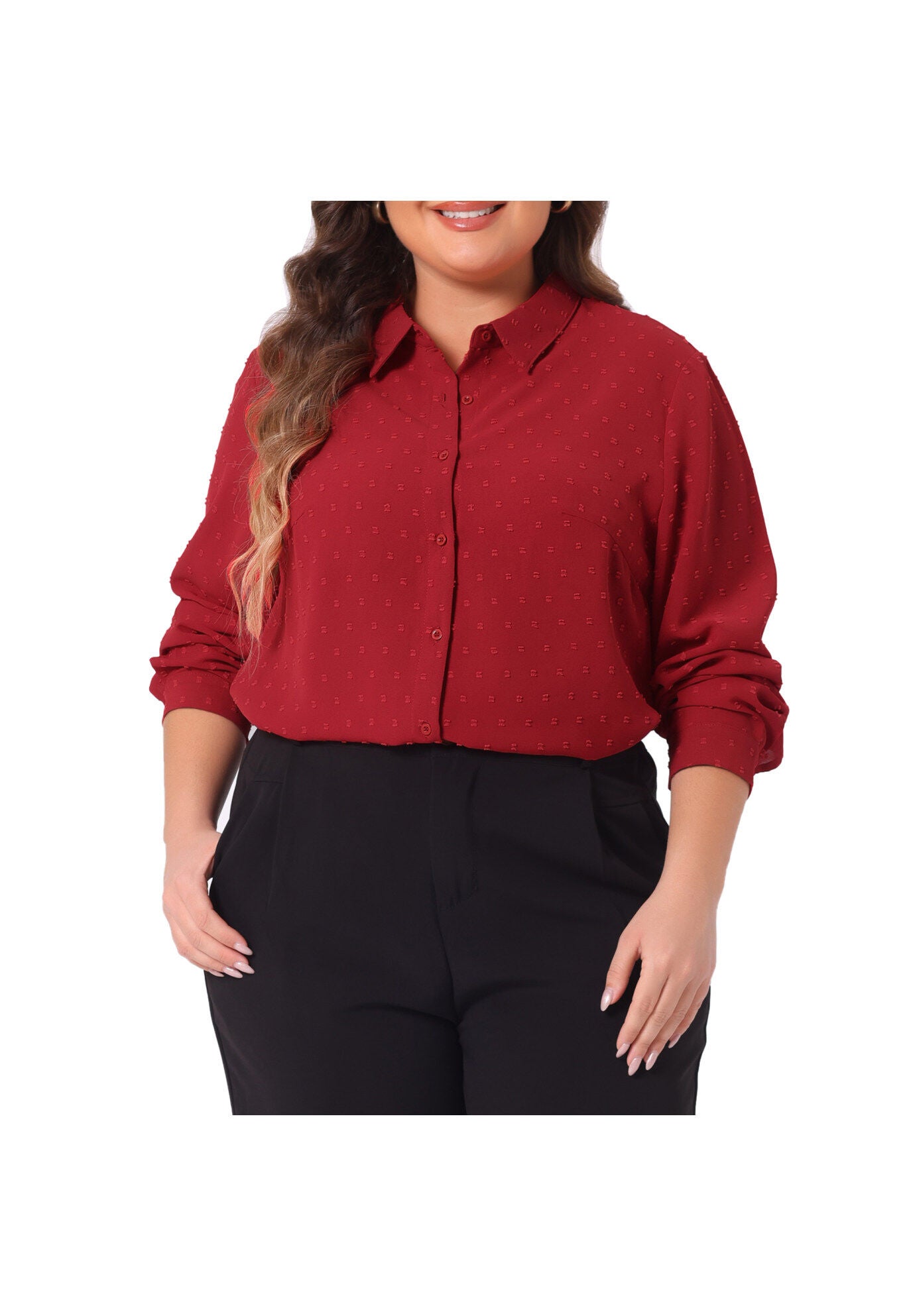 Swiss Dots Long Sleeve Button Down Shirt Blouse, Red / Red, alternate image number 2