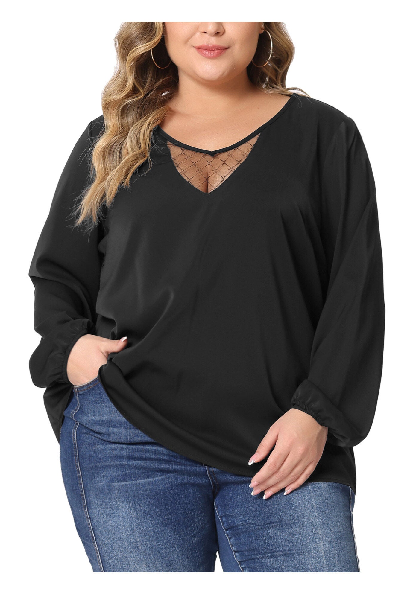 LONG SLEEVE LACE V NECK TOP, Black / Black, alternate image number 2