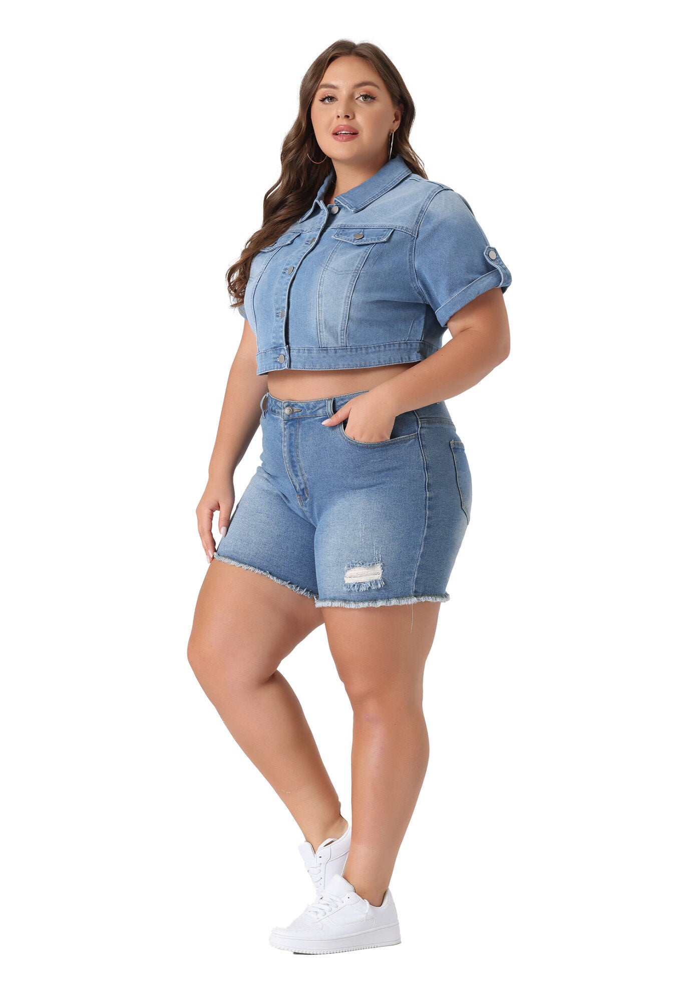 SHORT SLEEVE WASHED CROPPED DENIM JACKET, Light Blue / Light Blue, hi-res image number 0