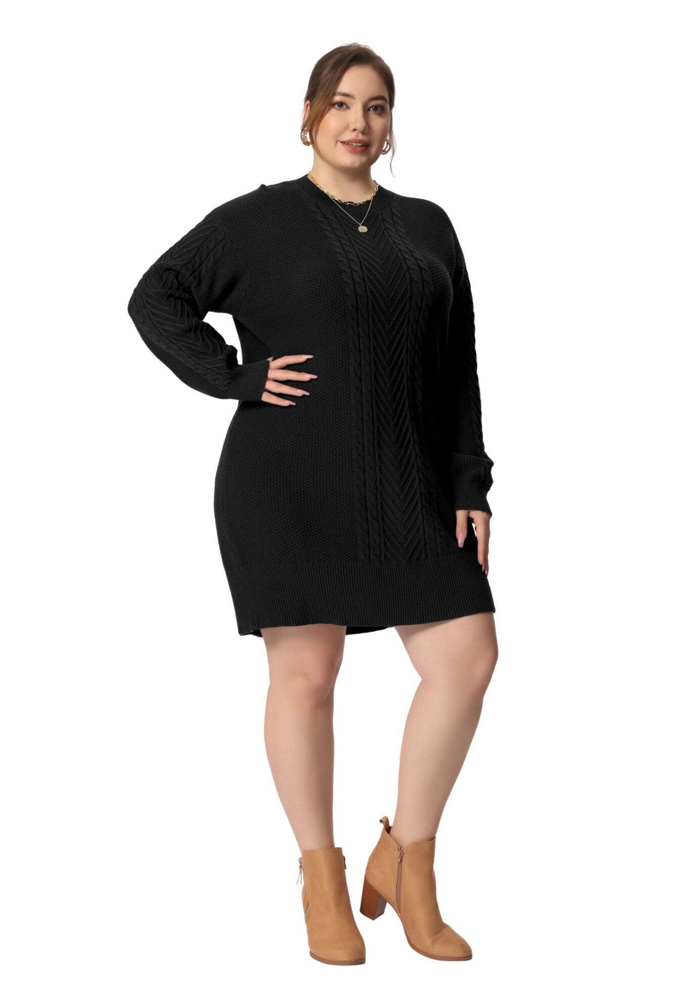 CREWNECK LONG SLEEVE KNIT TUNIC PULLOVER SHORT SWEATER DRESS, Black / Black, hi-res image number 0