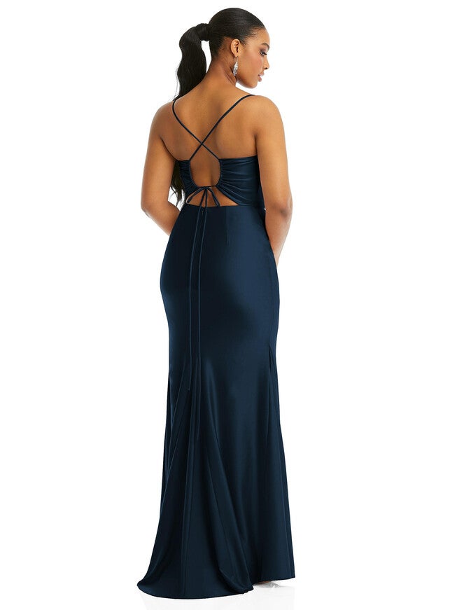 Cowl-Neck Open Tie-Back Stretch Satin Mermaid Dress with Slight Train, Midnight Navy / Navy, alternate image number null