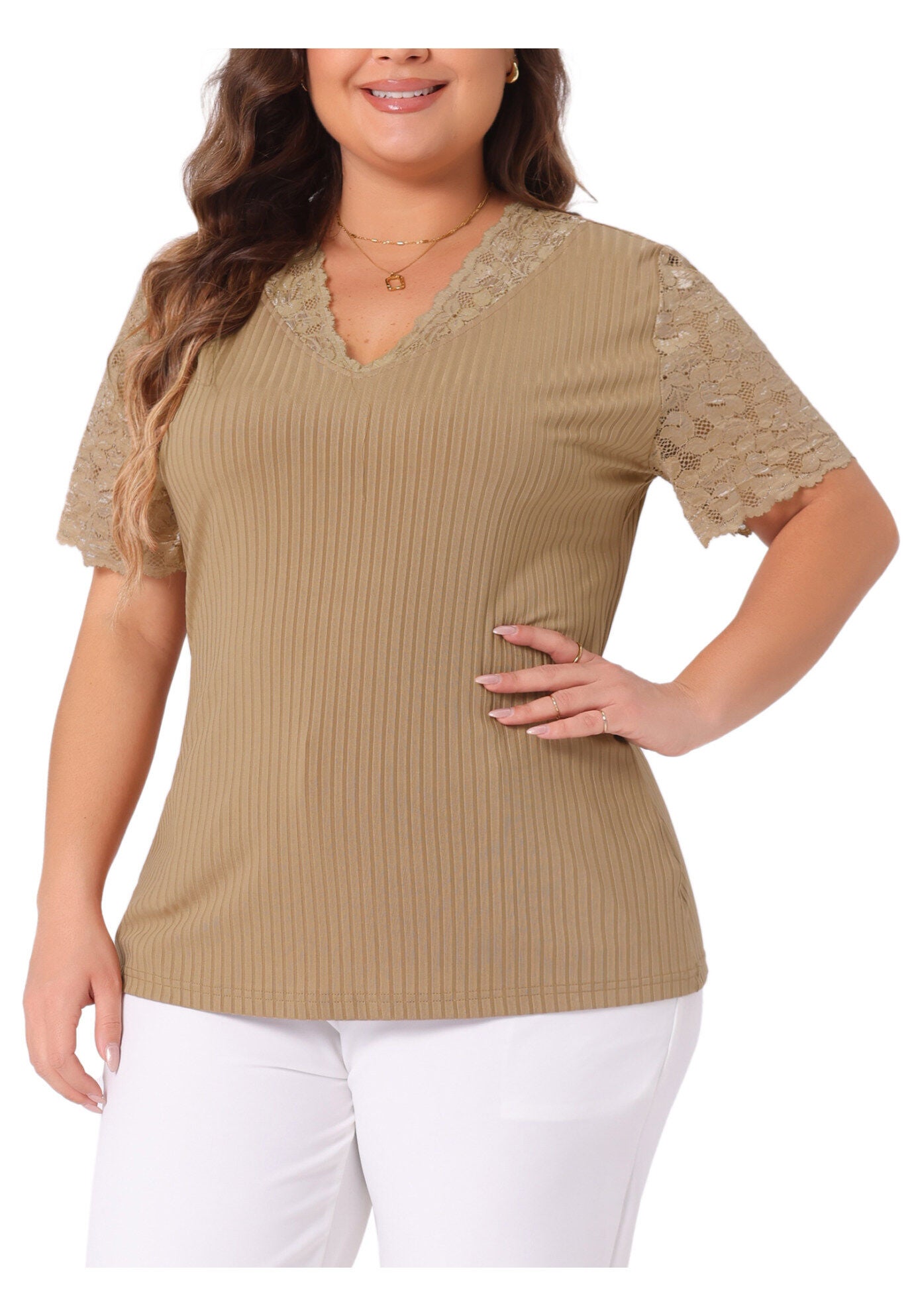 V Neck Short Sleeve Lace Ribbed Knit Tunic Top, Brown / Brown, alternate image number 2