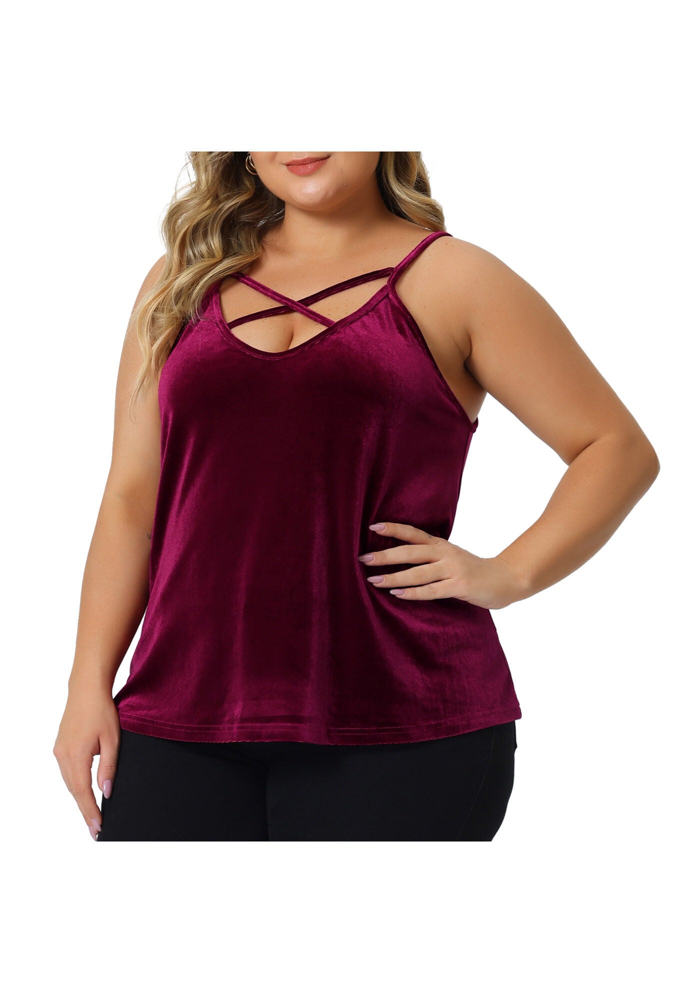 Criss Cross V Neck Spaghetti Strap Cami Velvet Tank Top, Burgundy / Red, alternate image number 1